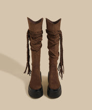 New Brown Wrinkled Tassel Splicing Platform Boots