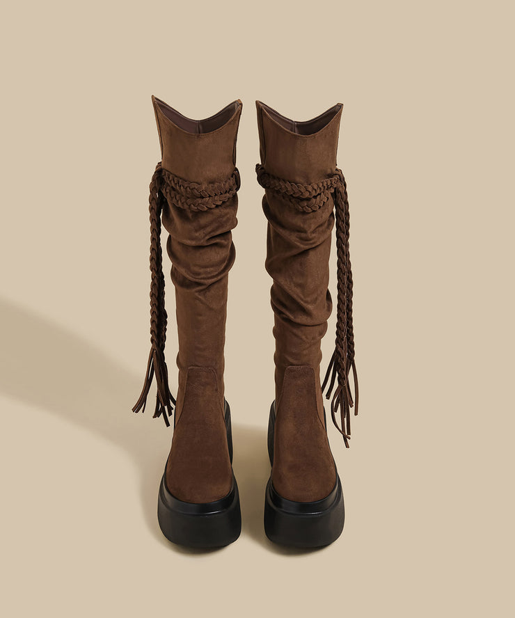 New Brown Wrinkled Tassel Splicing Platform Boots