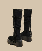 New Brown Wrinkled Tassel Splicing Platform Boots