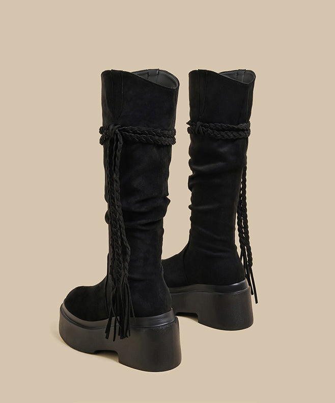 New Brown Wrinkled Tassel Splicing Platform Boots