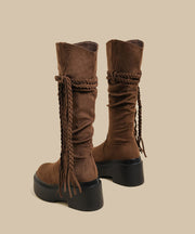New Brown Wrinkled Tassel Splicing Platform Boots
