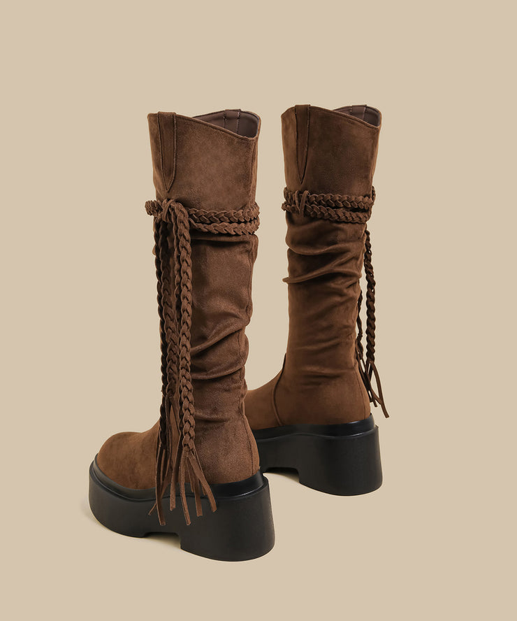 New Brown Wrinkled Tassel Splicing Platform Boots