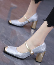 New Buckle Strap Splicing Chunky High Heels Silver Faux Leather
