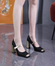 New Buckle Strap Splicing Chunky High Heels Silver Faux Leather