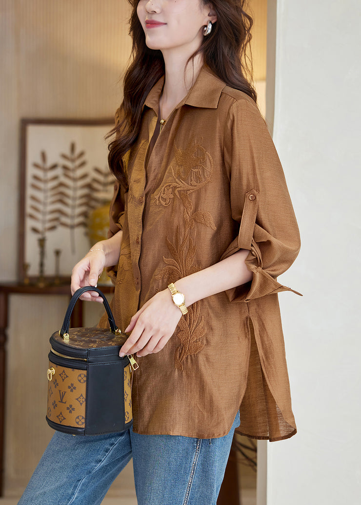 New Caramel Embroidered Button Side Open Cotton Blouse Fall