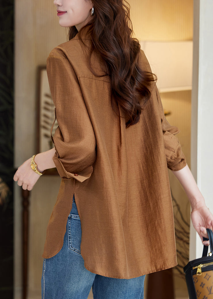 New Caramel Embroidered Button Side Open Cotton Blouse Fall