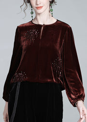 New Caramel O Neck Sequins Silk Velour T Shirts Winter