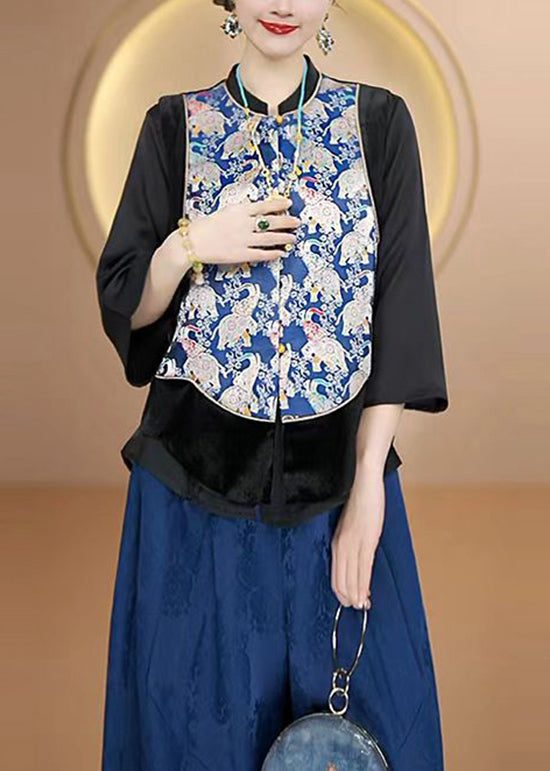 New Chinese Style Blue O Neck Print Silk Vest Sleeveless