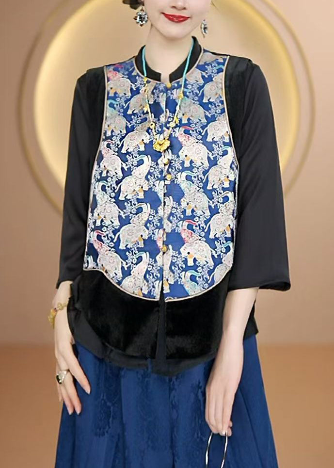 New Chinese Style Blue O Neck Print Silk Vest Sleeveless