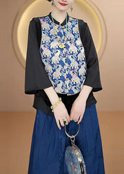 New Chinese Style Blue O Neck Print Silk Vest Sleeveless