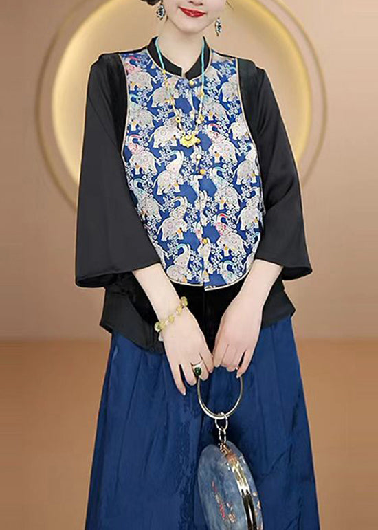 New Chinese Style Blue O Neck Print Silk Vest Sleeveless