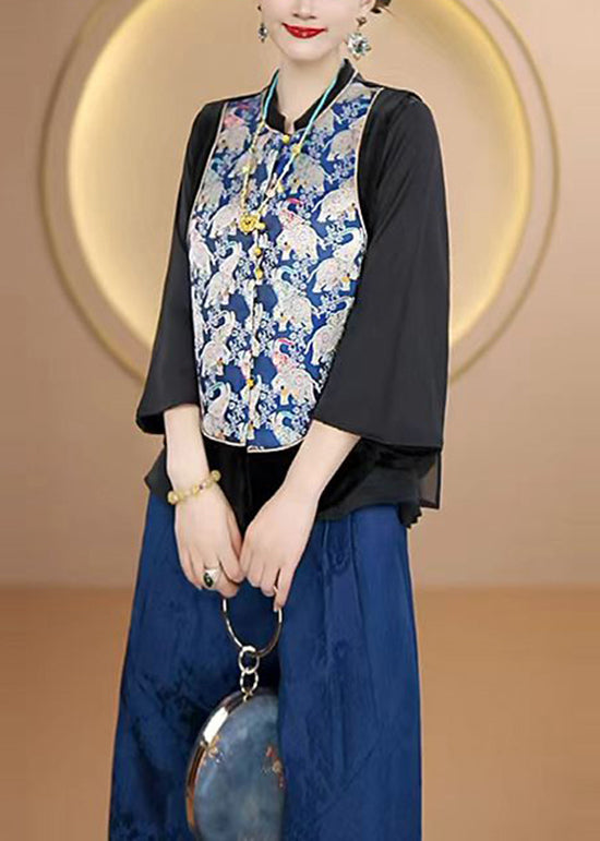 New Chinese Style Blue O Neck Print Silk Vest Sleeveless