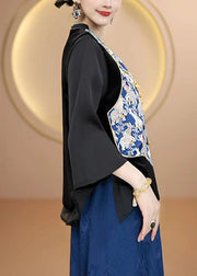 New Chinese Style Blue O Neck Print Silk Vest Sleeveless