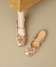 New Chinese Style Fashion Apricot Ruffled Print Cowhide Leather Slide Sandals
