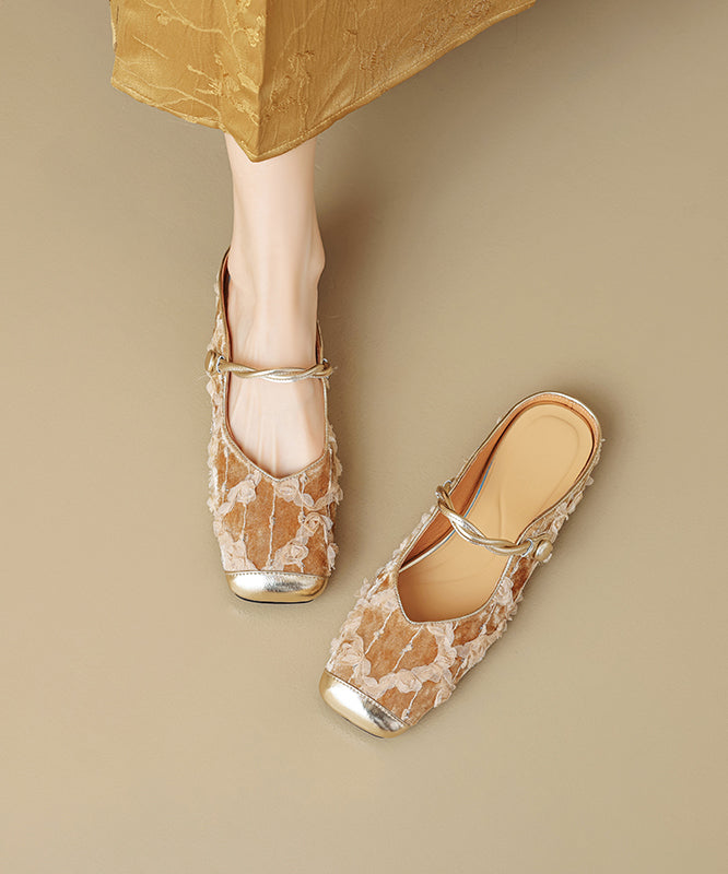 New Chinese Style Fashion Apricot Ruffled Print Cowhide Leather Slide Sandals