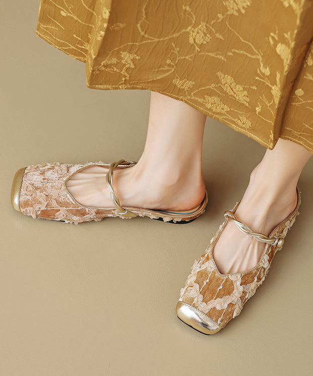 New Chinese Style Fashion Apricot Ruffled Print Cowhide Leather Slide Sandals