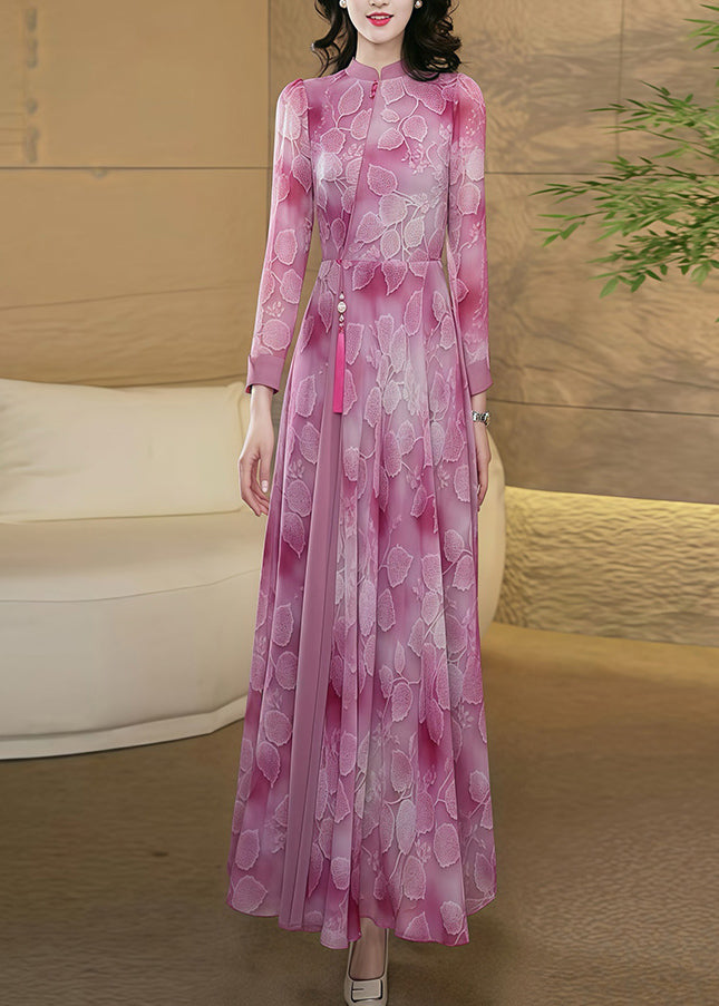 New Chinese Style Pink Stand Collar Print Chiffon Dress Fall