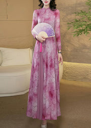 New Chinese Style Pink Stand Collar Print Chiffon Dress Fall