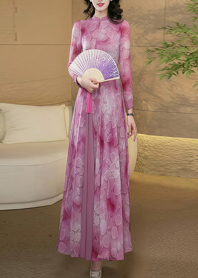 New Chinese Style Pink Stand Collar Print Chiffon Dress Fall