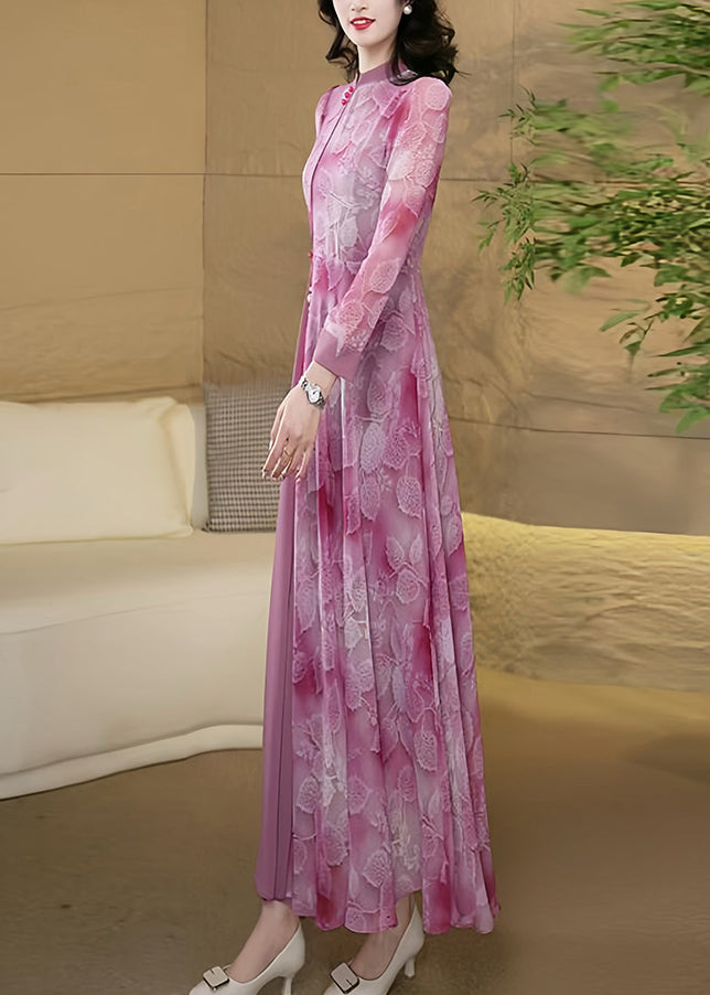 New Chinese Style Pink Stand Collar Print Chiffon Dress Fall