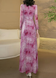 New Chinese Style Pink Stand Collar Print Chiffon Dress Fall