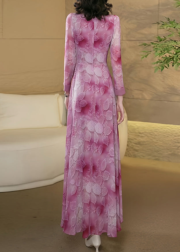 New Chinese Style Pink Stand Collar Print Chiffon Dress Fall