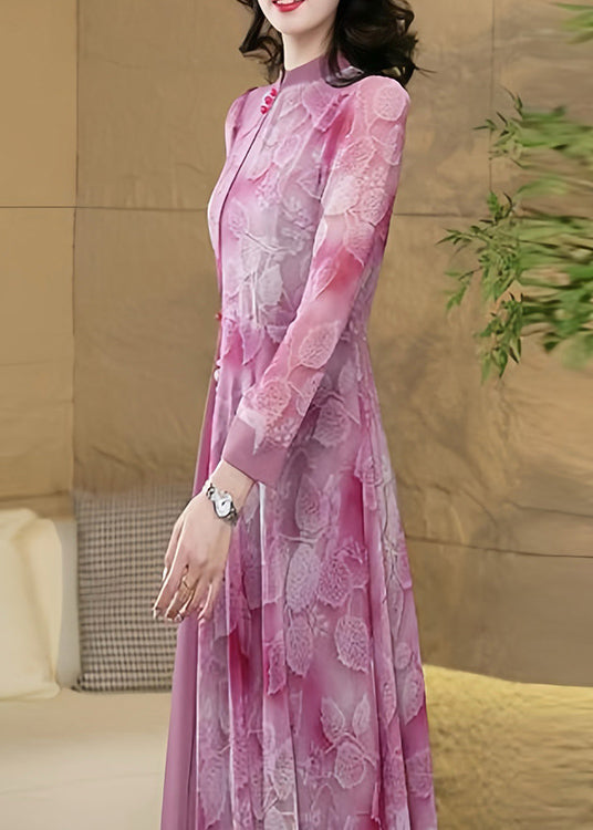 New Chinese Style Pink Stand Collar Print Chiffon Dress Fall