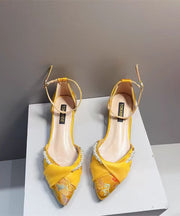New Chinese Yellow Embroidered Pearl Chunky Heel Sandals Pointed Toe