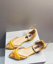 New Chinese Yellow Embroidered Pearl Chunky Heel Sandals Pointed Toe