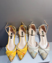 New Chinese Yellow Embroidered Pearl Chunky Heel Sandals Pointed Toe