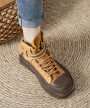 New Chocolate Cowhide Leather Splicing Boots Lace Up