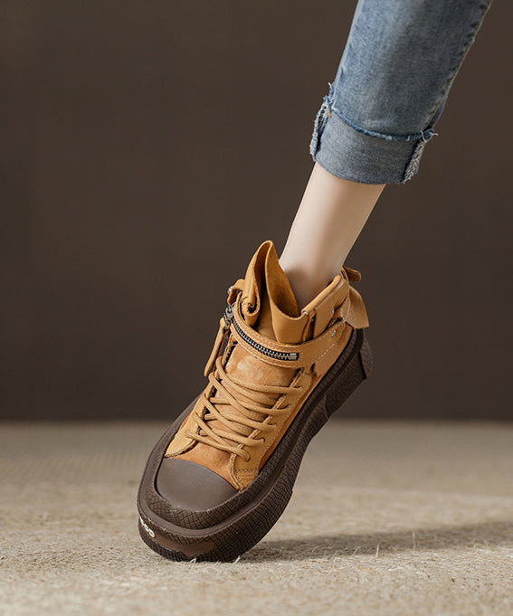 New Chocolate Cowhide Leather Splicing Boots Lace Up