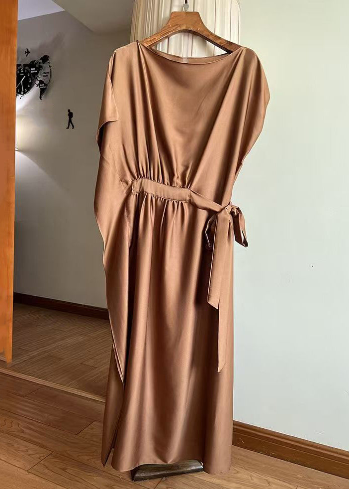 New Chocolate Lace Up Solid Silk Long Dresses Summer