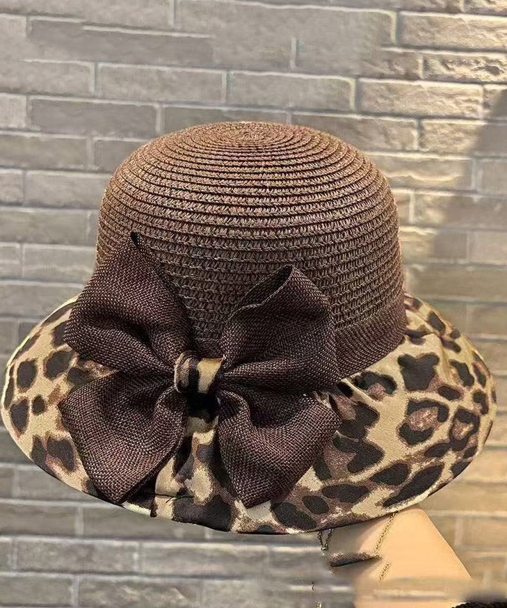 New Coffee Bow Leopard Print Grass Woven Breathable Fisherman Hat