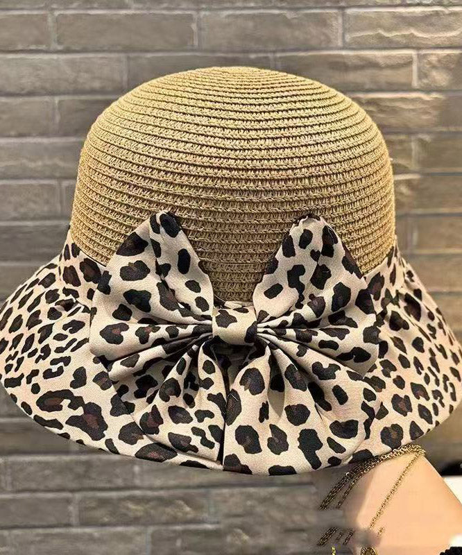 New Coffee Bow Leopard Print Grass Woven Breathable Fisherman Hat