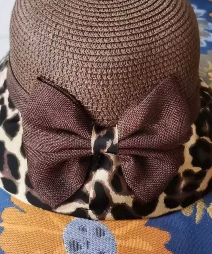 New Coffee Bow Leopard Print Grass Woven Breathable Fisherman Hat
