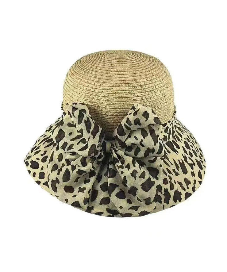 New Coffee Bow Leopard Print Grass Woven Breathable Fisherman Hat