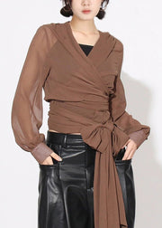 New Coffee Cross Tied Bow Chiffon Hooded Shirt Top Autumn