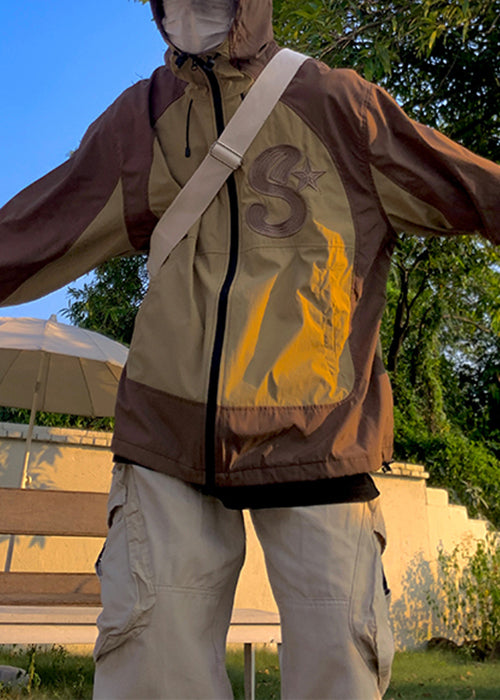 New Coffee Hooded Zippered Patchwork Men Coat Fall