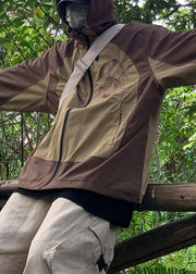 New Coffee Hooded Zippered Patchwork Men Coat Fall