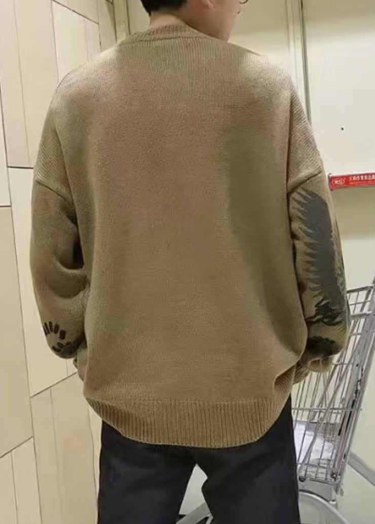 New Coffee O Neck Print Knit Mens Sweater Spring