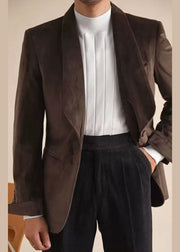 New Coffee Original Design Button Pockets Silk Velour Mens Coats Winter