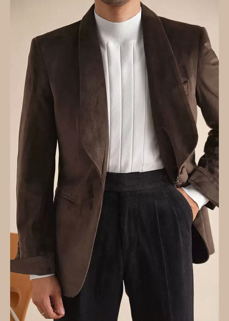 New Coffee Original Design Button Pockets Silk Velour Mens Coats Winter