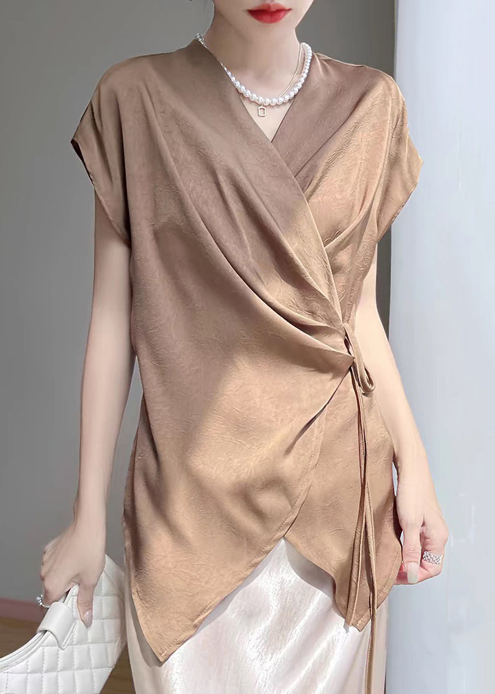 New Coffee Original Design Solid Silk Shirt Short Sleeve