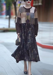 New Coffee Pockets Knit Patchwork Long Dresses Winter