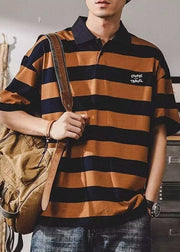 New Coffee Striped Print Cotton Mens Polo Shirt Summer