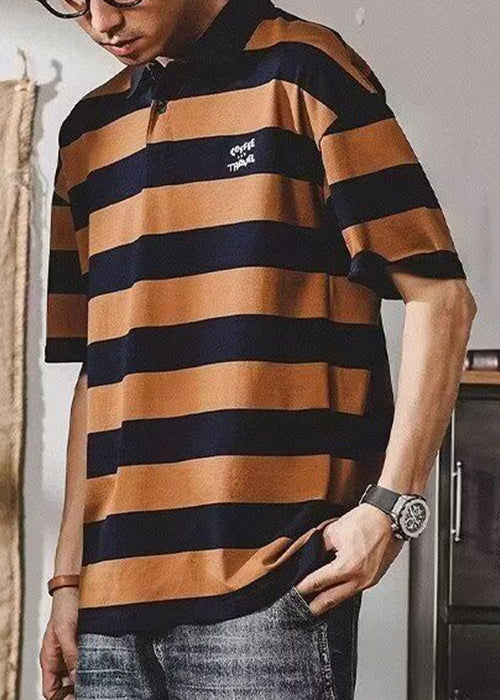 New Coffee Striped Print Cotton Mens Polo Shirt Summer