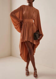 New Coffee Wrinkled Low High Design Cotton Long Dress Batwing Sleeve