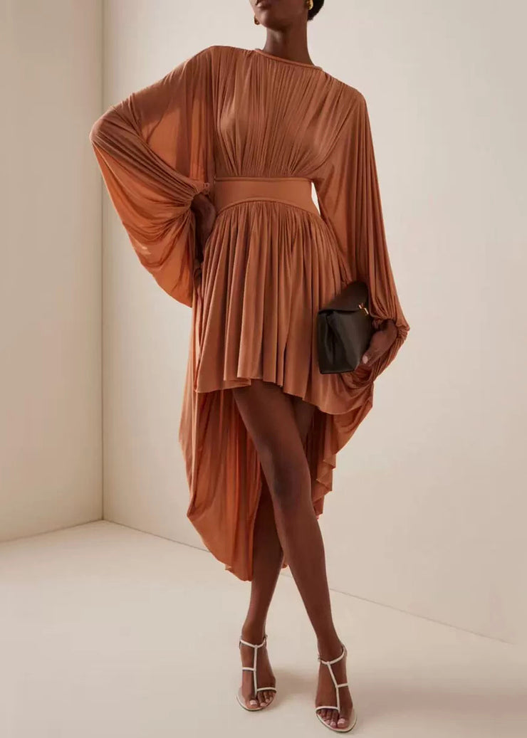 New Coffee Wrinkled Low High Design Cotton Long Dress Batwing Sleeve