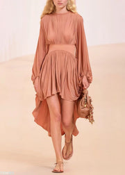 New Coffee Wrinkled Low High Design Cotton Long Dress Batwing Sleeve